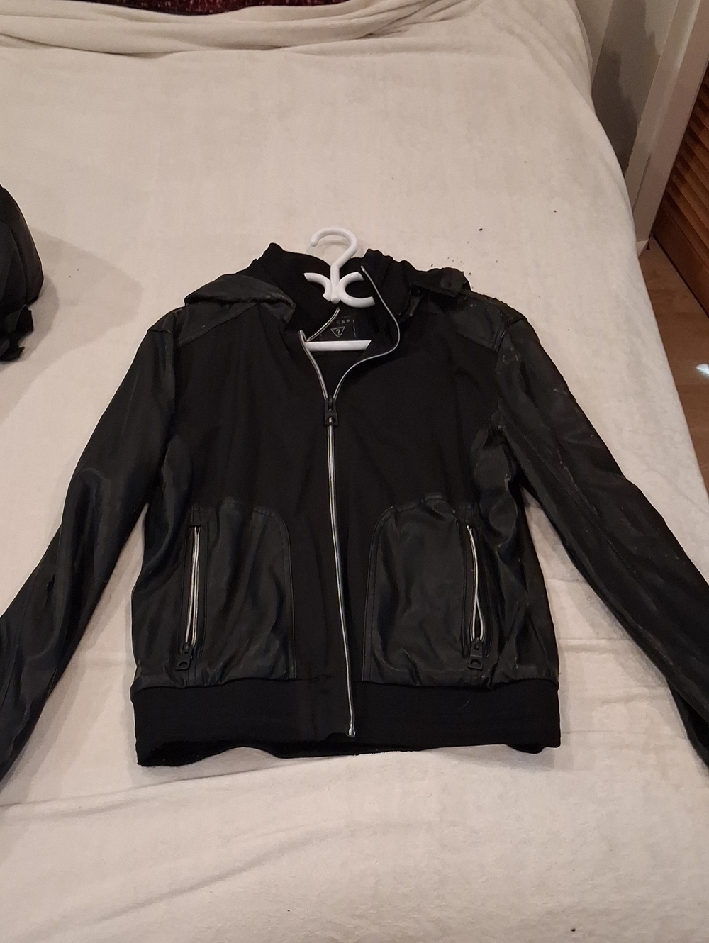 Men's Black Hooded Zip Jacket Leather